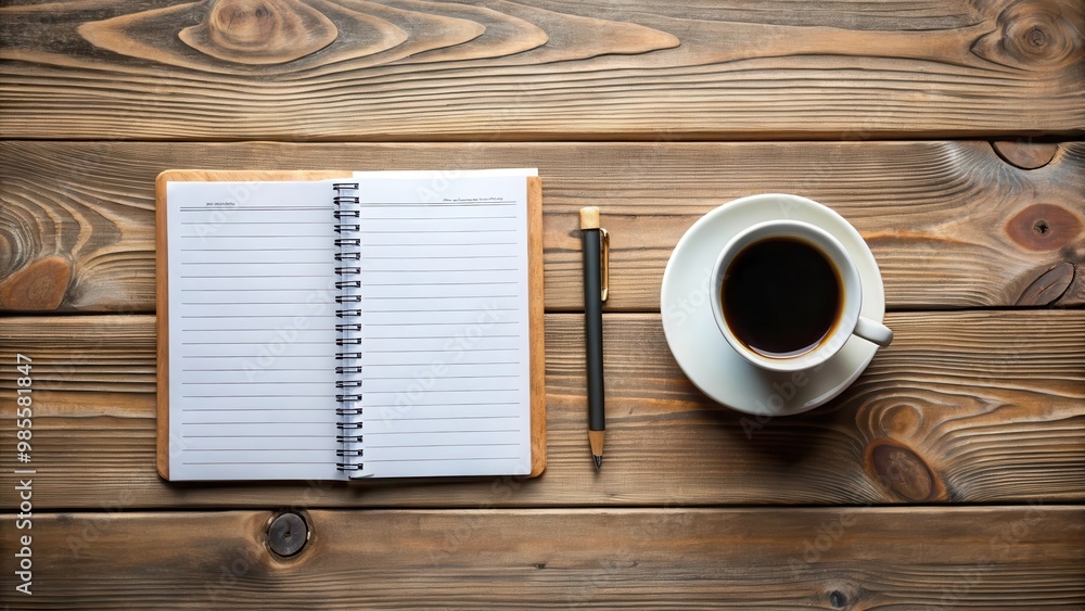 Poster Minimalist composition of an empty notebook and a cup of coffee on a wooden table