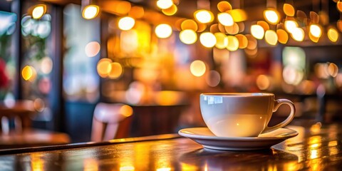 Blurred image of coffee cup at a cafe with bokeh lights in the background