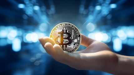 Hand with digital bitcoin on blue business background