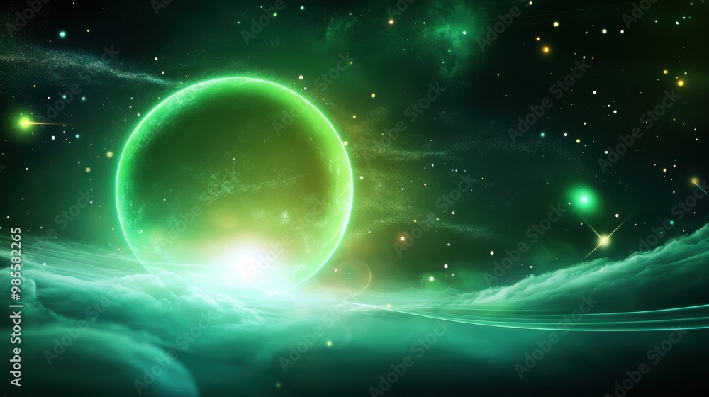 Poster ethereal green cosmic texture with glowing celestial elements and nebula patterns, ideal for space-t