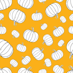 Vector Outline Black and White Line pumpkin seamless pattern design  on light pastel orange background. Repeatable and printable pumpkin texture. Halloween Holiday and Sweet Pumpkin Concept Design.
