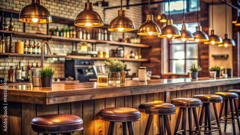 Poster a close-up of a vintage style counter in a busy cafe bar restaurant with stools and hanging lights