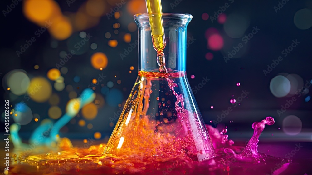 Poster a close-up of a pipette dropping a chemical into a flask, triggering an exciting and vibrant reactio