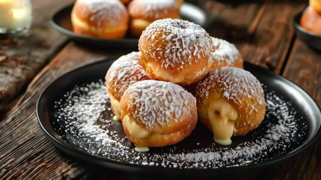 Creamy Filled Doughnuts, A Stack of Delicious Pastry, Sprinkled with Powdered Sugar, Close Up View, Sweet Treats, Dessert, Bakery Goodness