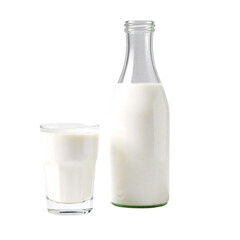 3d Milk glass bottle and glass on Isolated transparent background png. generated with AI