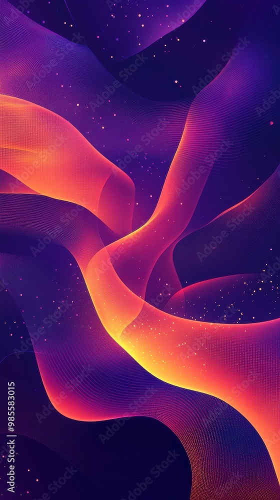 Poster vibrant abstract background with a dynamic blend of purple and orange gradients, featuring flowing w