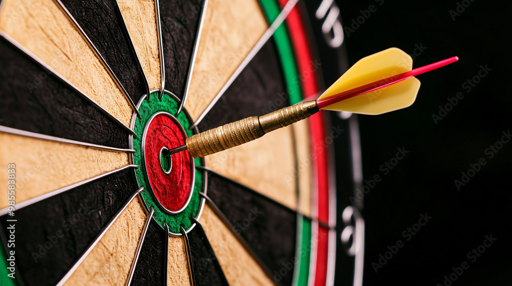 Poster a close up of dart striking bullseye on dartboard, showcasing precision and skill in game of darts. 