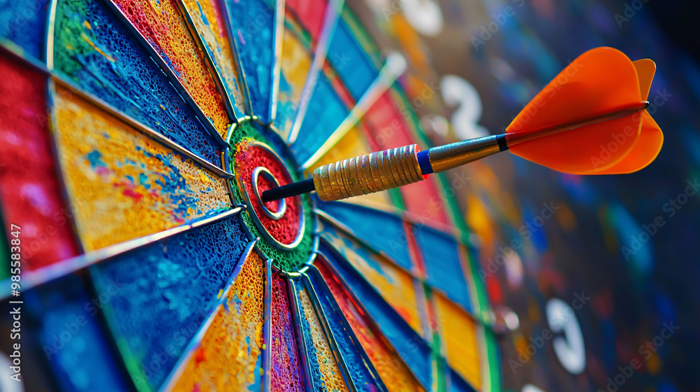 Poster colorful dartboard with dart hitting center, showcasing vibrant paint splashes and dynamic design. t