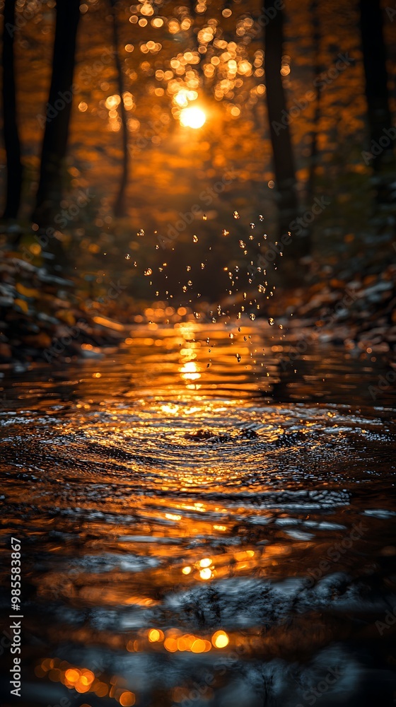 Poster a close-up view of a stream with ripples and a golden sunset in the background.