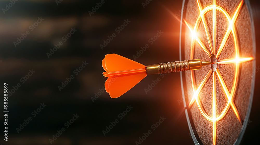Poster a dart hitting target made of light beams in dark setting creates striking visual. glowing target an