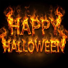 Word "Happy Halloween" spelled across it in flaming letters. Text Banner for Halloween Holiday, inscription Hello Halloween is on fire on a black background, burning letters.