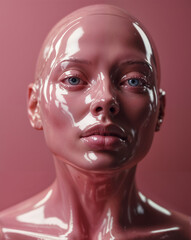 glossy pink futuristic face sculpture with serene expression