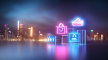 Flashy neon shopping icons glowing against a cityscape, highlighting a shopping center with a modern, stylish feel.