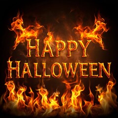 The image of the word Happy Halloween in flames. Burning inscription on a black background. Bottom flying fire sparks and flickers of fire