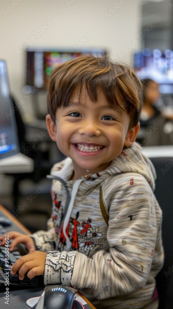 Poster a young boy smiles while using a computer. ai.