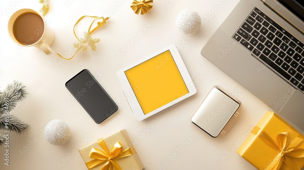 Poster flat lay of a desk with a laptop and smartphone displaying cyber monday sales, surrounded by tech ac