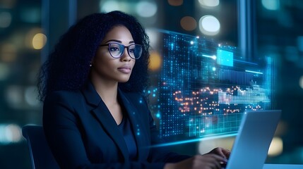 Diverse Modern Office: Successful Black Female Digital Entrepreneur Uses TV Screen with Big Data, Statistics, Talks about Company Growth, Discusses Strategy with Investors, Top Managers, Executives