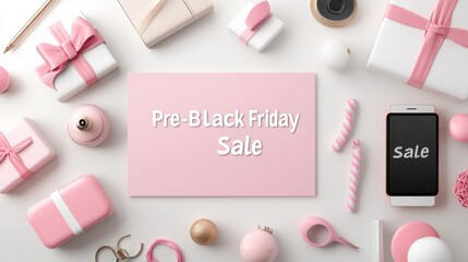 Flat lay of discounted products, with a large "Pre-Black Friday Sale" banner.