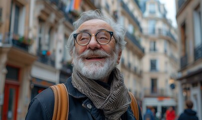 Obraz premium A senior man smiles while looking up at the sky. AI.