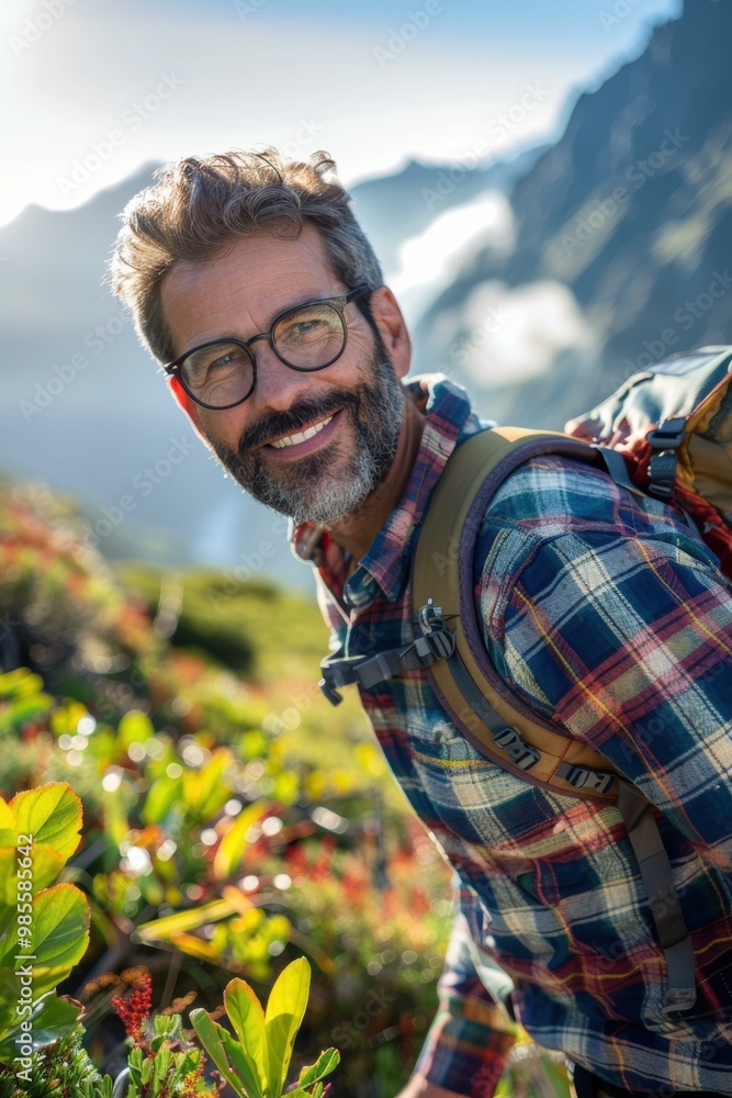 Poster A man smiles as he hikes through a mountain trail. AI.