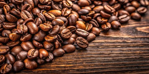 Fototapeta premium Close up of freshly roasted coffee beans on a rustic brown surface