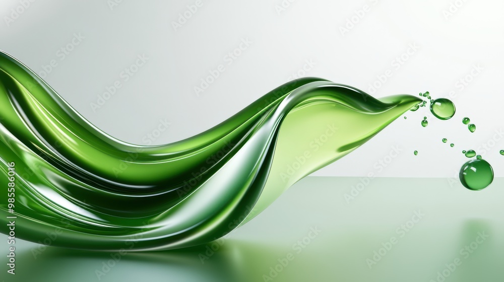Poster fluid green liquid texture with smooth, flowing patterns and a glossy finish, creating a dynamic and