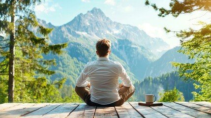 A corporate executive relaxes in casual attire while enjoying a scenic mountain view, sipping coffee and appreciating the beauty of nature and tranquility around them.