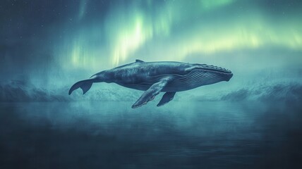 Fototapeta premium Whale Gracefully Gliding Under Northern Lights