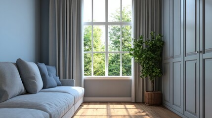 Fototapeta premium Small room featuring a sofa wardrobe and a window that offers a view No one is present inside. with copy space image. Place for adding text or design