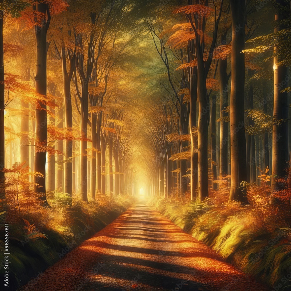 Aufkleber a serene forest path lined with towering trees bathed in golden autumn light. the deep shadows and g