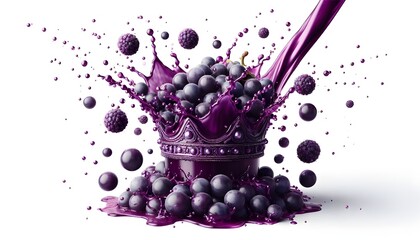 Grape acai purple Juice pouring and splash as crown water. Grape acai purple Juice explode bubble splash in mid air. Purple liquid element water. White background isolated photography