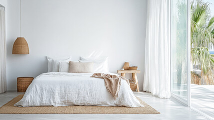 A serene bedroom with white decor and natural textures featuring large windows and palm views in a coastal retreat setting
