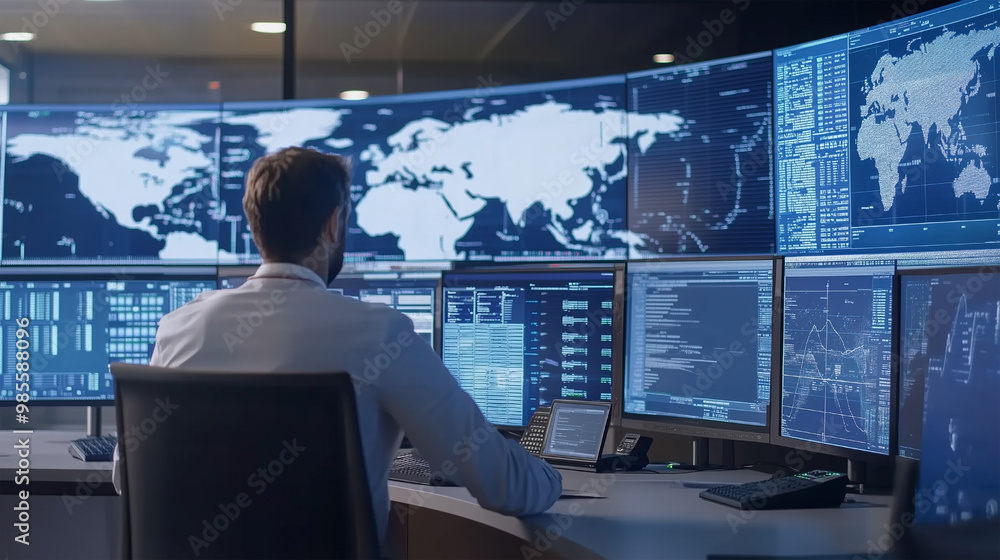 Poster a man is sitting in front of a computer monitor with a map of the world on it