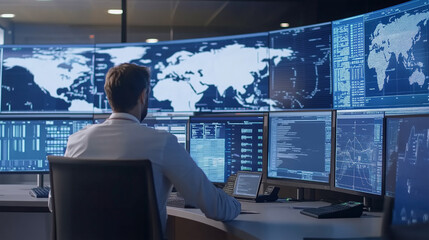 A man is sitting in front of a computer monitor with a map of the world on it