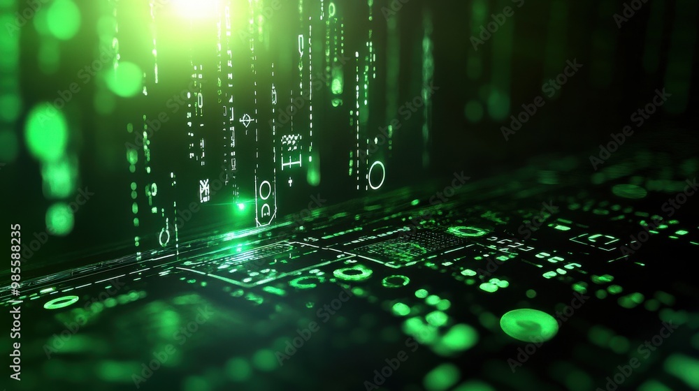 Poster futuristic green matrix-style background with glowing symbols and digital patterns, creating a tech-