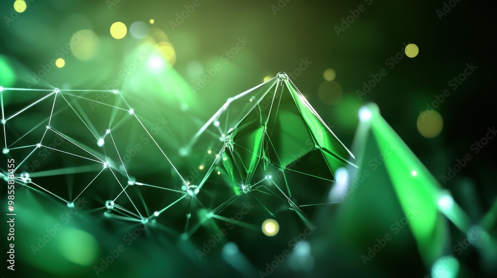 Poster futuristic green polygonal design with sharp, angular shapes and a glowing effect, perfect for high-