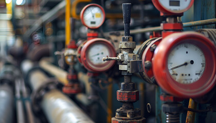 Fototapeta premium Intricate gauges and red valve on a sophisticated industrial pipeline