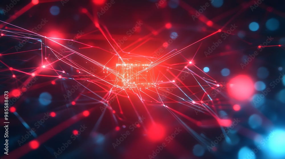 Poster An abstract depiction of an AI system hacking into a global network, with intense bright lines and red alarms flashing, evoking fear and anticipation.