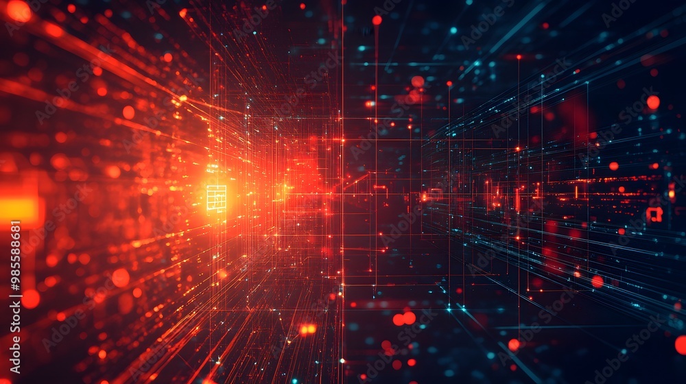 Poster An abstract depiction of an AI system hacking into a global network, with intense bright lines and red alarms flashing, evoking fear and anticipation.