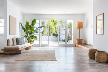 Fototapeta premium Bright and airy modern living room with tropical plants and natural decor in a minimalist house setting during daytime