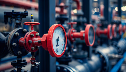 Intricate gauges and red valve on a sophisticated industrial pipeline