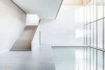 Fototapeta premium Modern minimalist interior with stairs beside an elegant pool and large glass windows in a serene architectural space