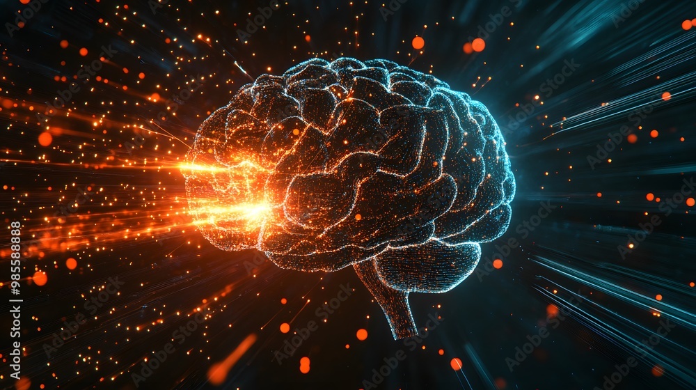 Poster An abstract illustration of an AI brain expanding rapidly, with bright lights flashing as it takes over a network, creating fear and excitement.