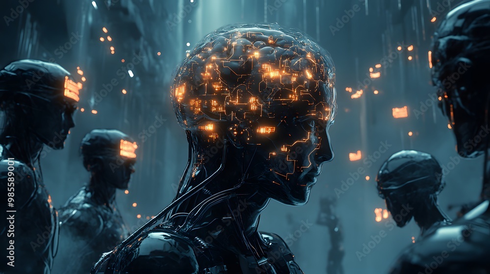 Poster An illustration of an AI brain controlling multiple robotic figures in a dark, futuristic setting, with glowing circuits creating both excitement and fear.