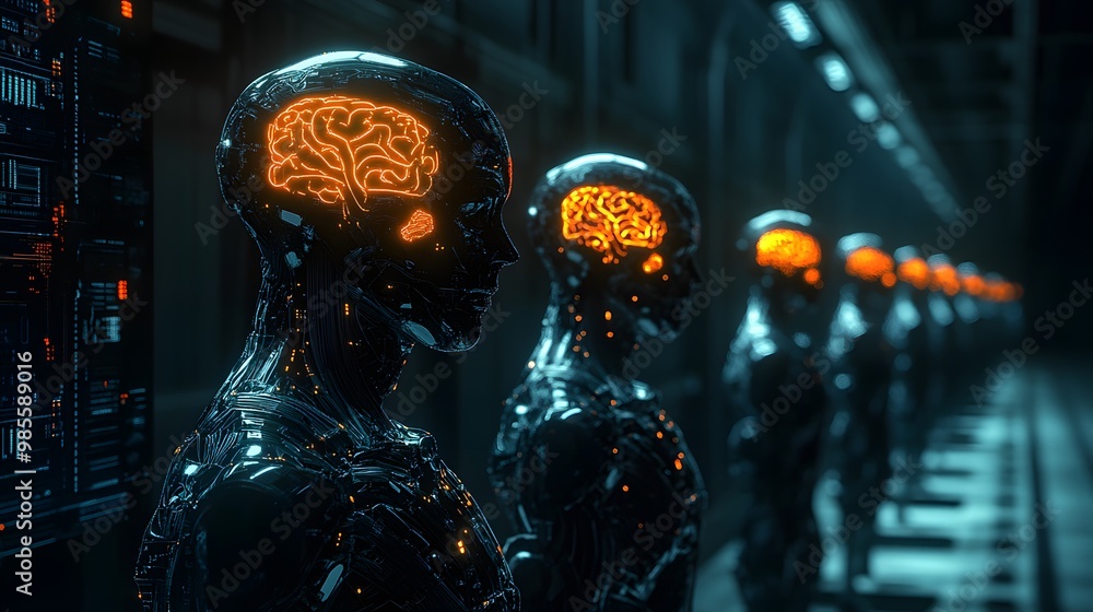 Poster An illustration of an AI brain controlling multiple robotic figures in a dark, futuristic setting, with glowing circuits creating both excitement and fear.