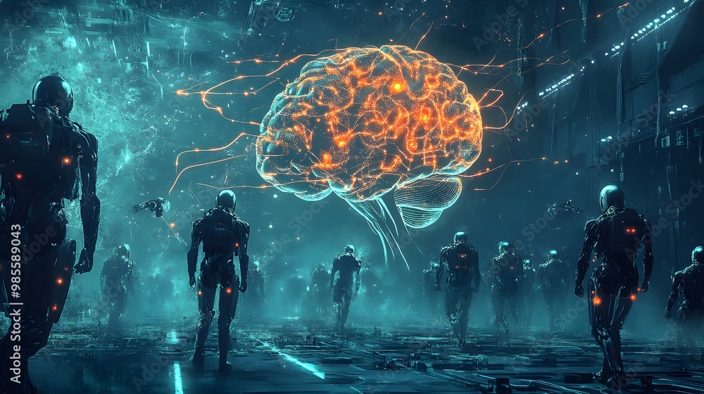 Poster An illustration of an AI brain controlling multiple robotic figures in a dark, futuristic setting, with glowing circuits creating both excitement and fear.
