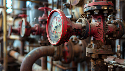 Fototapeta premium Intricate gauges and red valve on a sophisticated industrial pipeline