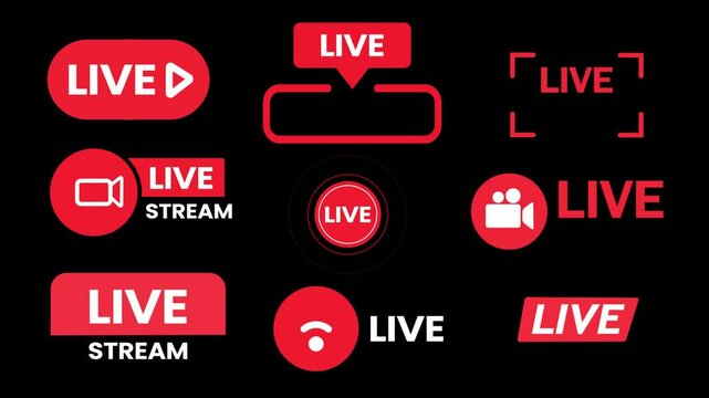 Live streaming icon set. Different shape Red and black symbols and buttons of live streaming.