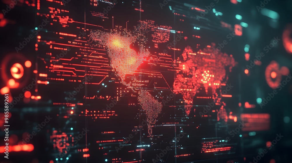 Aufkleber A digital interface showing an AI takeover of global systems, with glowing red alerts and intense data patterns creating a thrilling and fear-inducing scene.