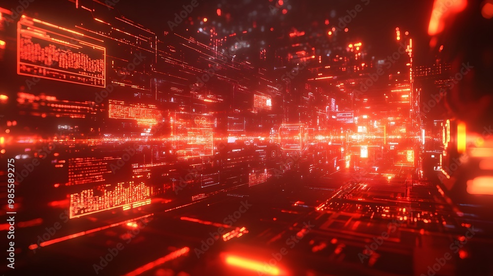 Fototapete A digital interface showing an AI takeover of global systems, with glowing red alerts and intense data patterns creating a thrilling and fear-inducing scene.